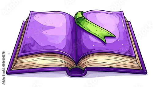 Open purple book with a green ribbon bookmark