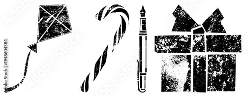 Black and white distressed stencil including kite, candy cane, fountain pen, gift box, retro graphic design elements, vector cutouts, holiday and stationery motifs.