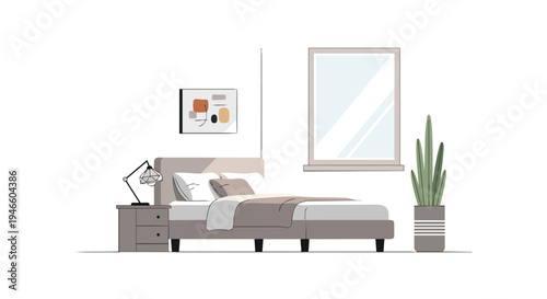 Minimalist bedroom interior illustration with comfortable sleeping space, practical nightstand, modern lamp, abstract wall art, elegant potted