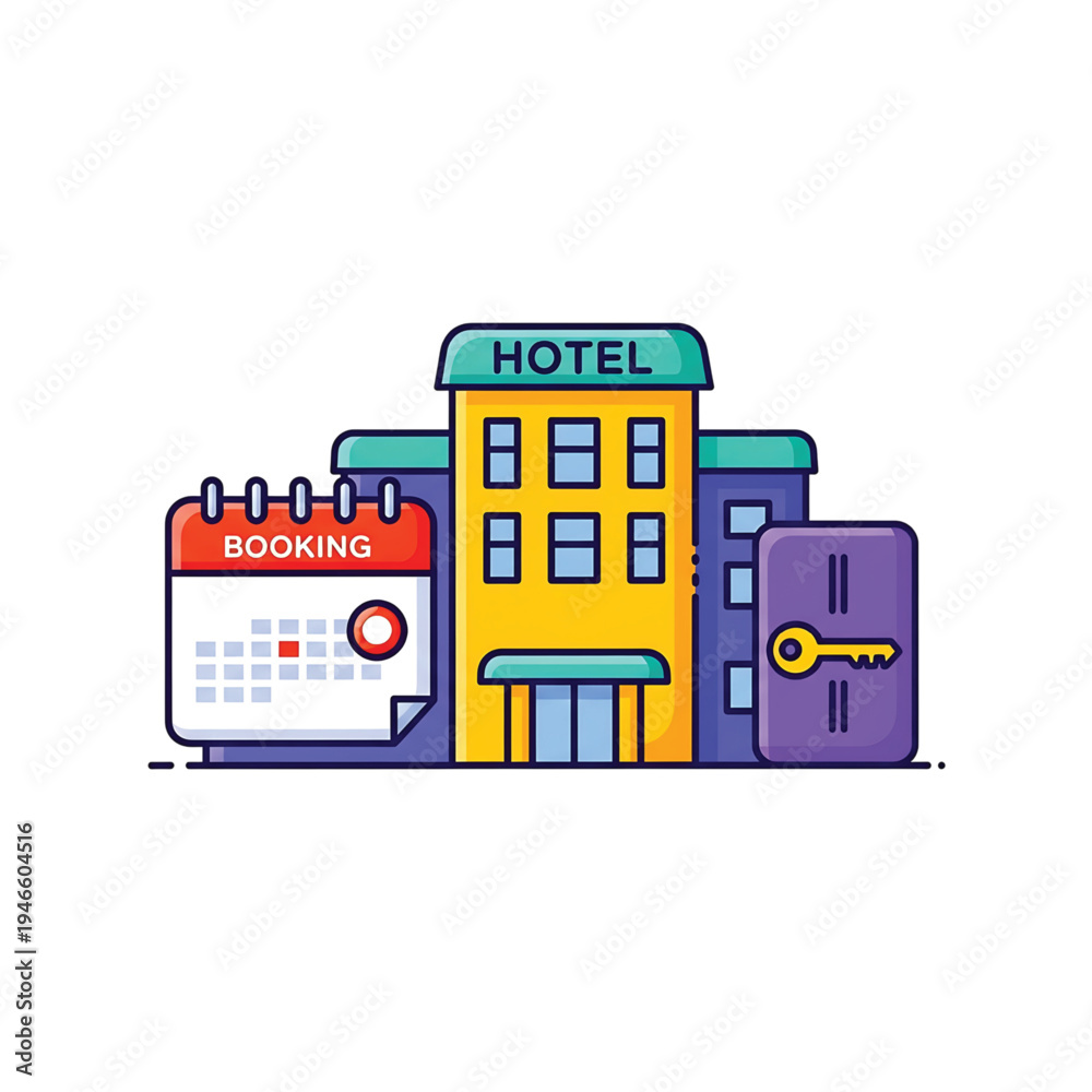 Obraz premium Hotel Booking Illustration with Reservation Calendar and Room Key Card 