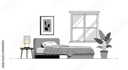 Minimalist bedroom illustration featuring a cozy bed, nightstand, warm lamp, abstract art, bright window, and a potted plant for serene home decor