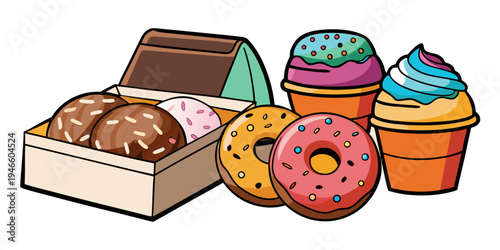 Vector Icon Set of Assorted Donut Boxes and Containers Featuring Glazed Donuts, Sprinkles, Chocolate Eclairs, and Donut Holes in a Bold Outline Style for Bakery Menus, Food Apps, and Web Graphics.