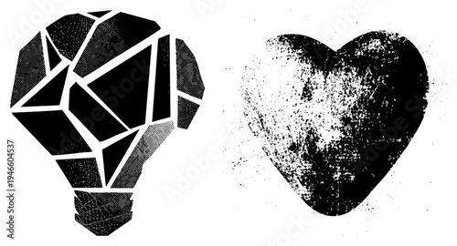 Abstract halftone lightbulb with polygonal and distressed heart, vector graphic, design, conceptual symbols for ideas and emotion, isolated elements.