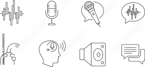 Voice web icons in line style. Sound wave, voice recognition, message, audio, speech, collection. Editable stroke. Vector illustration