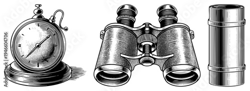 Antique stopwatch with winding key, vintage binoculars with focus wheel, telescope tube with ribbed casing, engraved halftone vector illustrations.
