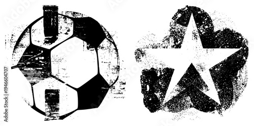 Distressed black and white soccer ball and star graphic, retro sports symbols with textured grain, ideal for fan gear or urban design.