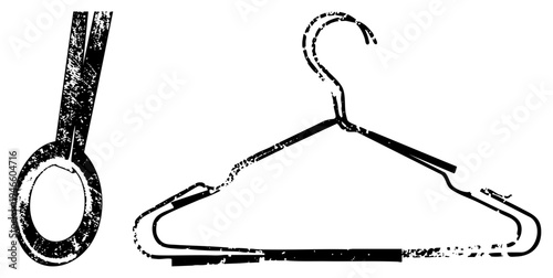 Black and white graphic of clothing hanger and scissors, stylized, fashion accessory, minimalist design, garment storage tools.