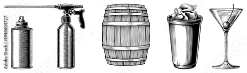 Retro aerosol cans, wooden barrel, cocktail shaker with ice, martini glass with olive classic bar and workshop tools, engraved art, engraving style.