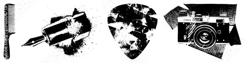 Retro comb, fountain pen, and guitar pick rendered in halftone, vector graphic, black and white, artistic illustration, isolated foreground.