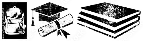 Distressed black and white vector mortarboard, diploma, textbooks, school bag. Synonyms scholar kit, academic, degree essentials.