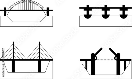 Types of bridges collection vector illustrations. Bridge structure varieties icons, silhouettes, logo. Bridge shapes and structural schemes, architecture, engineering constructions and classification