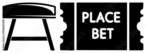 Betting prompt graphic with stool, ticket border frame, bold "PLACE BET" text, casino or gambling theme, minimalist vector art.