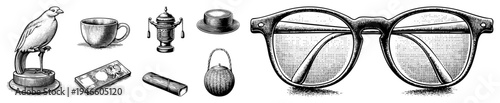 Antique style engraved items ornamental bird, spectacles, teapot, money, and hat, rendered in classic dotwork style with detailed and shading.