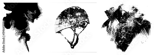 Distressed military helmet with halftone texture, abstract ink splatter shapes, gritty stencil art, vector graphic elements, design, urban decay motifs.