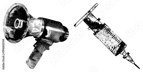 Retro styled megaphone and syringe rendered in halftone, classic print graphic, medical and protest tool, black and white vector art.