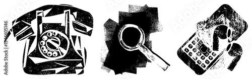 Retro rotary telephone, magnifying glass symbol, modern cell phone, stylized tech, halftone vector design, communication tools, digital and analog contrast.