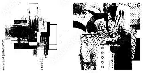 Stylized graphic composition of intersecting shapes, halftone, and gestural brushstrokes in, vector art, abstract design.