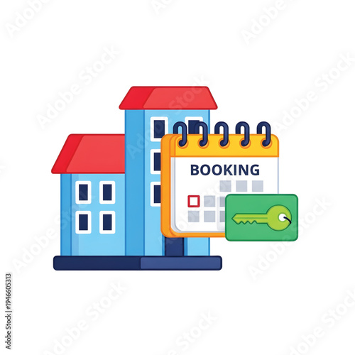 Hotel Booking Calendar with Key and Building Illustration
