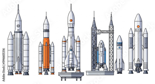 Collection of various rockets and launch vehicles.