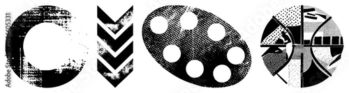 Black and white graphic featuring distressed textures, halftone dots, and bold shapes, ideal for modern design projects. Includes circle,, palette, and segmented forms.