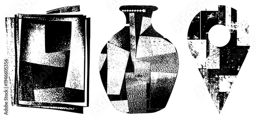 Cubist inspired vases and stacked book graphic, fragmented shapes, bold black and white halftone texture, modern art style, vector illustration.