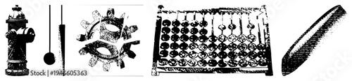 Industrial gear assembly, abacus counting device, fire hydrant, stylized tools, vector illustration, design, technical equipment.