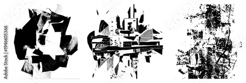 Black and white abstract art made of shattered polygonal shapes, halftone dot, and sharp angular forms, ideal for graphic design or digital.