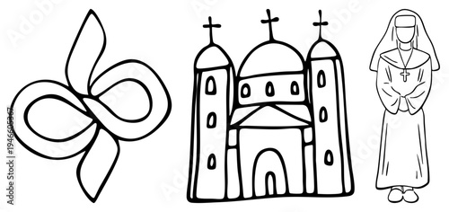 Simple art of religious church building, praying nun, and ribbon symbol, ideal for pages or spiritual design projects.
