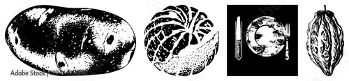 Black and white halftone style depicting potato, citrus fruit, dining plate with cutlery, and cocoa pod, stylized vector art for culinary or botanical use.