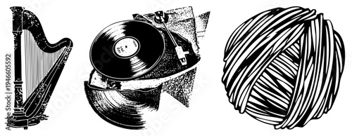 Classic harp, vinyl turntable, and yarn ball rendered in halftone vector style. Musical instruments, textile craft, retro gear. art, artistic texture, graphic design elements.