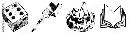 Retro stylized symbols including die, paintbrush, carved pumpkin, and book all rendered in distressed halftone texture, ideal for graphic design or print.