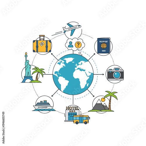 Travel Icons Surrounding Globe Illustration.