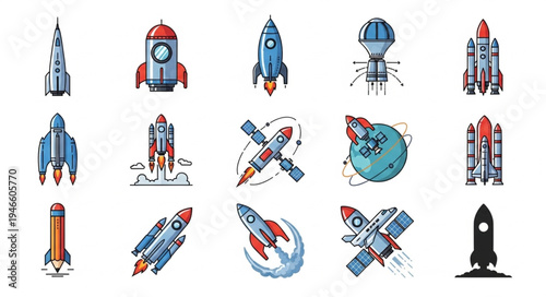 Collection of colorful cartoon rockets and spaceships in various designs.