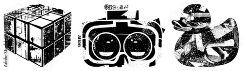 Abstract glitched ’s cube, VR headset with lenses, rubber duck with texture, all rendered in halftone vector style with distressed effects.