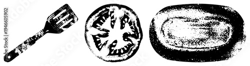 Retro kitchen tools including spatula, halftone tomato slice, and loaf bread, rendered in gritty black and white vector art, isolated food and cookware.