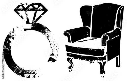 Classic diamond ring with textured band and elegant wingback chair, both in distressed black vector art, romantic or vintage decor elements.
