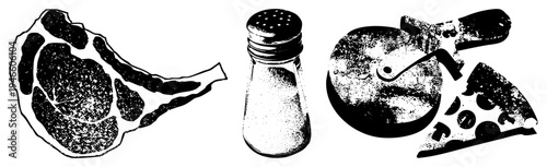 Black and white halftone illustrations of steak, salt shaker, and pizza cutter with slice, stylized food for menus or design, vector art.