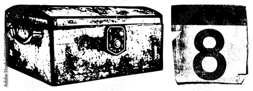 Worn metal trunk with latch and handle, rustic storage box, old fashioned chest, number eight block, halftone vector graphic.