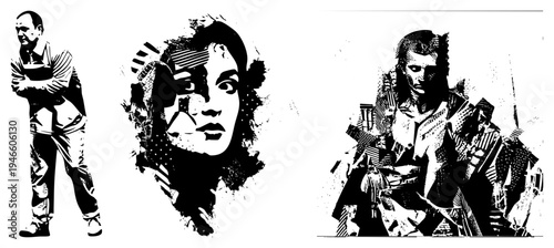 Three stylized halftone figures man in apron, woman’s face, soldier with rifle all in high contrast vector art, isolated cutouts, expressive faces, pop art aesthetic.