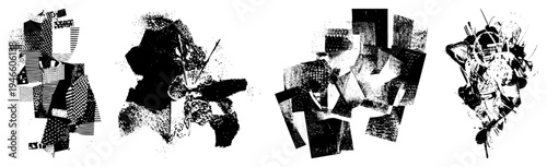 Black and white abstract composition with fragmented shapes, halftone textures, and graphic layering, ideal for modern design or art installations.