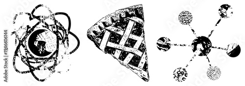 Stylized atomic model, lattice pie slice, molecular network with textured, vector art, distressed graphic design, scientific symbolism, food.