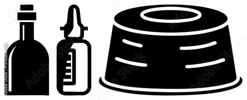 Black silhouette of medicine dropper, glass vial, and gelatin dessert mold, minimalist style, healthcare and food.