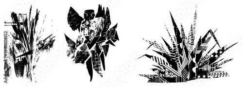 Graphic botanical forms with bold strokes, halftone shading, fragmented shapes, artistic foliage, vector art, black and white design.