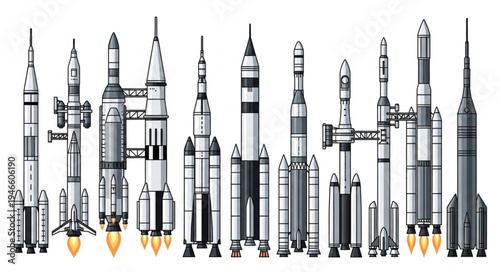 Collection of various rockets and spacecraft designs.
