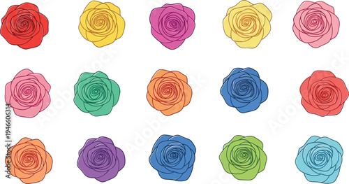 Colorful paper roses in various hues on white background flowers multicolored