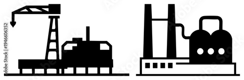 Factory complex with crane and smokestacks, industrial facility, production plant, manufacturing, graphic, industrial design, black silhouette.