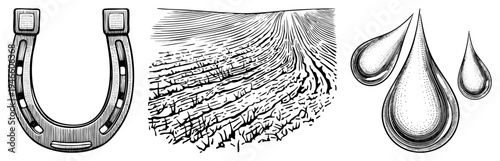 Black and white vector art of a horseshoe, earth, and stylized water drops, isolated elements, halftone shading, symbolic, graphic design assets.