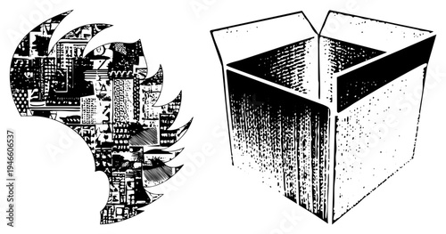 Brain composed of urban textures, architectural motifs, and fragmented cityscapes, stylized vector graphic, urban design concept, neural network metaphor.