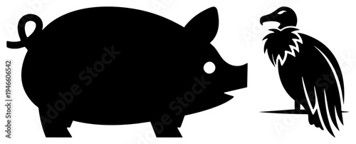 Stylized pig and vulture in black silhouette, facing each other, symbolic animals, flat vector design, isolated graphic elements.