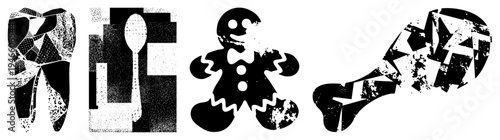 Retro styled graphic with distressed textures tooth, spoon, gingerbread man, chicken leg. Flat vector design with halftone grain, ideal for packaging or retro branding.